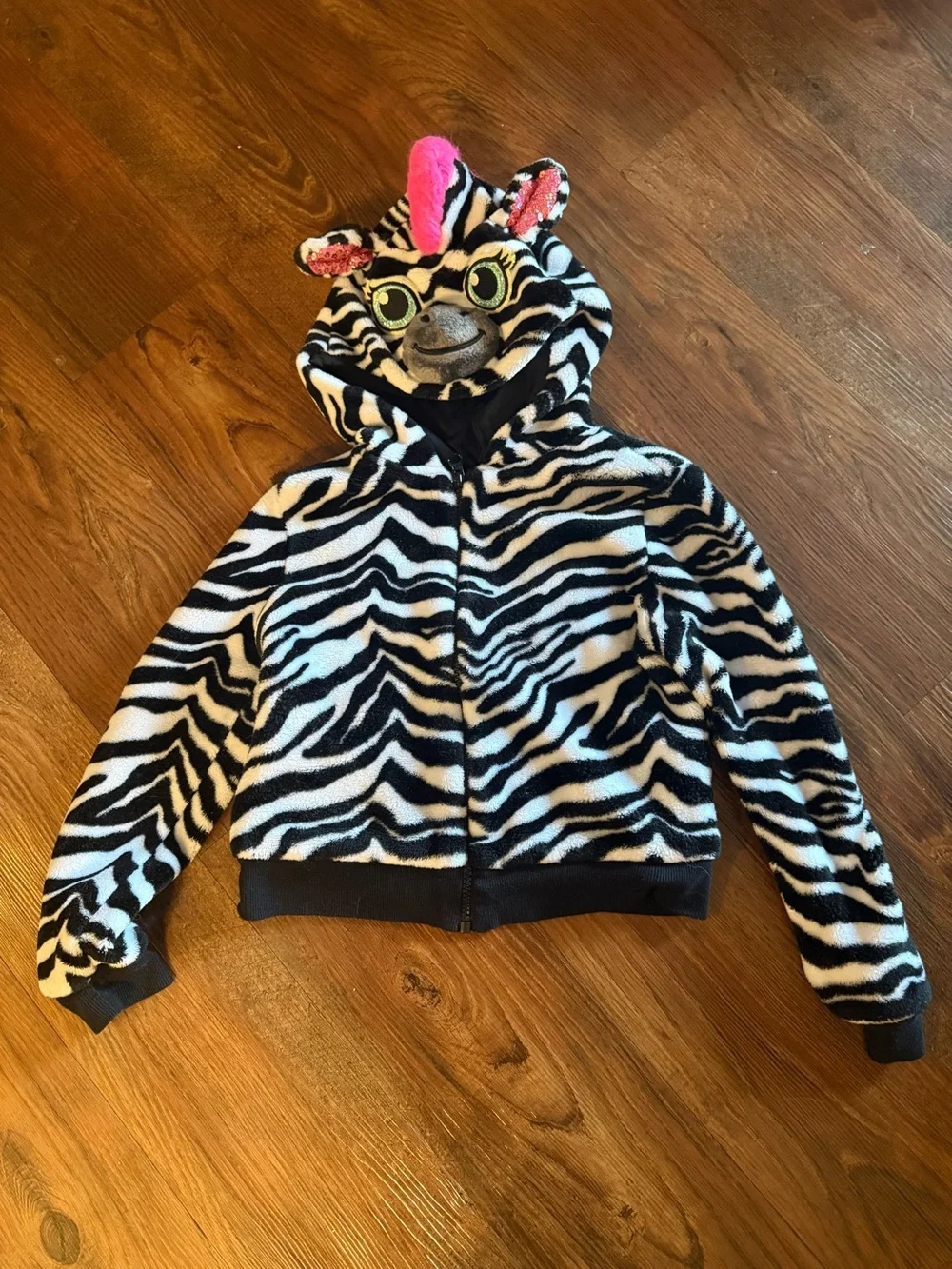 Justice Fuzzy Zebra Zip-Up Hoodie Girls Size 8 Black & White Plush